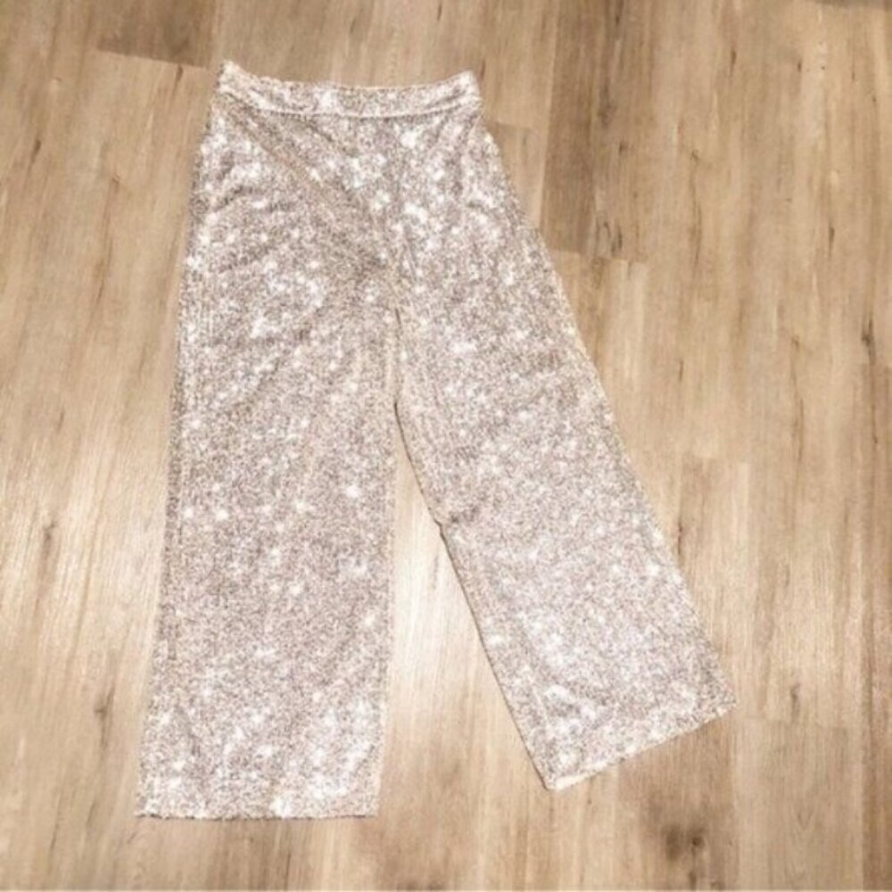 Banana Republic‎ Women's Sequin Pants Size L High-Rise Wide-Leg Party Trouser
